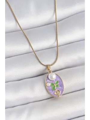 316L Çelik Gold Renk Zincir Mor Mineli Oval İncili Çiçek İşlemeli Portre Model Kadın Kolye