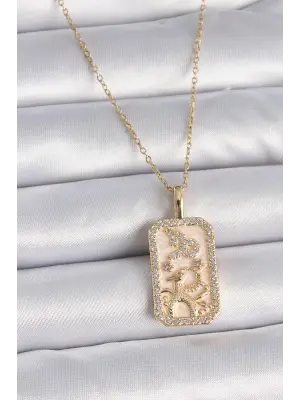  Altın  Zincir Oğlak Burcu Zirkon Taşlı  Çelik Kolye