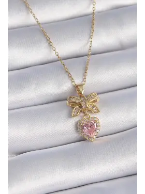  Altın  Zincir Pembe Kalpli Zirkon Taşlı Kurdele Model  Çelik Kolye