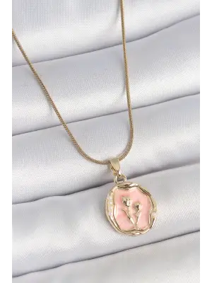 316L Çelik Gold Renk Zincir Pembe Mineli Çiçek İşlemeli Portre Model Kadın Kolye