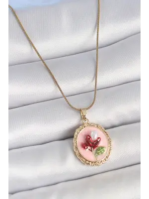 316L Çelik Gold Renk Zincir Pembe Mineli İncili Çiçek İşlemeli Portre Model Kadın Kolye