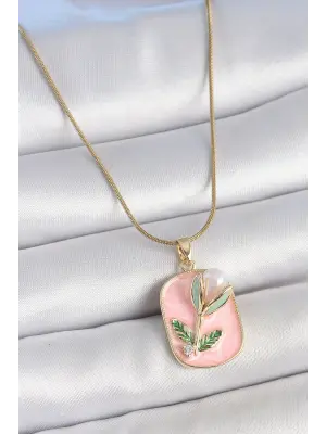 316L Çelik Gold Renk Zincir Pembe Mineli İncili Çiçek İşlemeli Portre Model Kadın Kolye