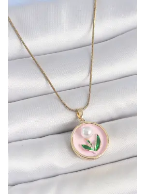 316L Çelik Gold Renk Zincir Pembe Mineli İncili Çiçek İşlemeli Portre Model Kadın Kolye