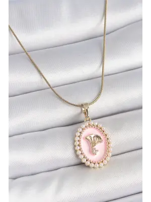 316L Çelik Gold Renk Zincir Pembe Mineli İncli Zirkon Taşlı Çiçek İşlemeli Portre Model Kadın Kolye