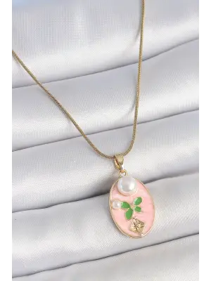 316L Çelik Gold Renk Zincir Pembe Mineli Oval İncili Çiçek İşlemeli Portre Model Kadın Kolye
