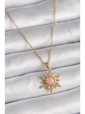  Altın  Zincir Pembe Mineli Zirkon Taşlı Güneş Model  Çelik Kolye