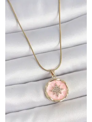 316L Çelik Gold Renk Zincir Pembe Mineli Zirkon Taşlı Kuzey Yıldız İşlemeli Madalyon Model Kadın Kolye