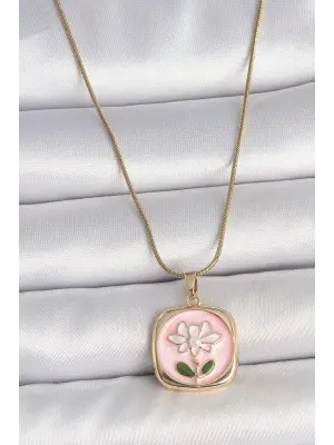 316L Çelik Gold Renk Zincir Pembe Papatya İşlemeli İnci Detay Kadın Kolye