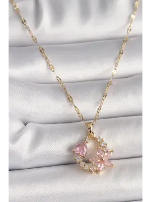  Altın  Zincir Pembe Zirkon Taşlı Çiçek Figür Kalp Detay  Çelik Kolye