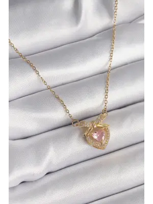  Altın  Zincir Pembe Zirkon Taşlı Kalp Figür  Çelik Kolye