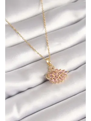  Altın  Zincir Pembe Zirkon Taşlı Kuğu Model  Çelik Kolye