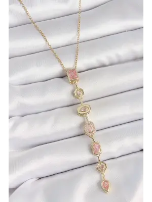 316L Çelik Gold Renk Zincir Pembe Zirkon Taşlı Y Model Dekolte Kadın Kolye
