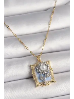  Altın  Zincir Portre Gümüş Gül Model  Çelik Kolye