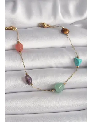 316L Çelik Gold Renk Zincir Renkli Doğaltaş Model Kadın Bileklik