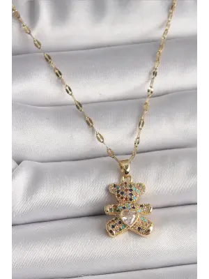  Altın  Zincir li Zirkon Taşlı Ayıcık Figür Taşlı Kalp Detay  Çelik Kolye