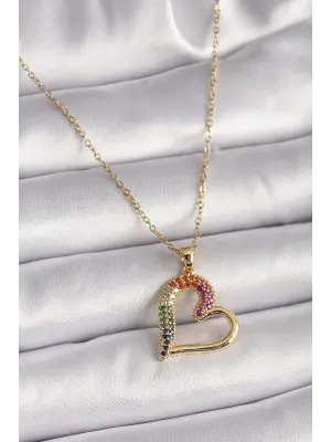  Altın  Zincir li Zirkon Taşlı Kalp Model  Çelik Kolye