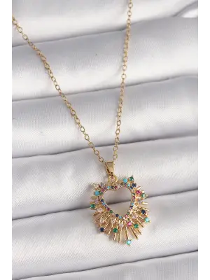  Altın  Zincir li Zirkon Taşlı Kalp Model  Çelik Kolye