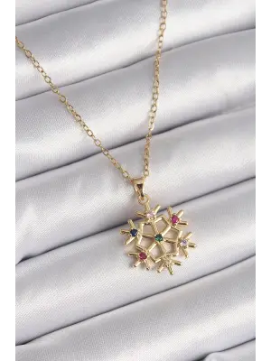  Altın  Zincir li Zirkon Taşlı Kar Tanesi Model  Çelik Kolye