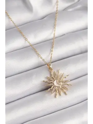  Altın  Zincir li Zirkon Taşlı Sedefli Ay İşleme Detay  Çelik Kolye