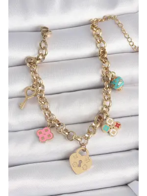 316L Çelik Gold Renk Zincir Sallantı Kilit Kalp Figür Anahtar Model Kadın Bileklik