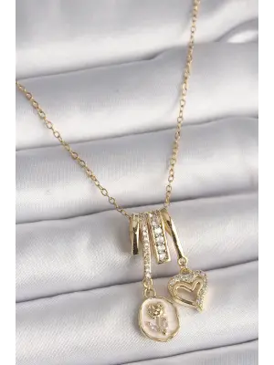  Altın  Zincir Sallantı Minimal Portre Gül Model Kalp Detay  Charm Çelik Kolye
