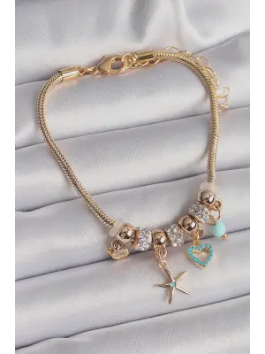 316L Çelik Gold Renk Zincir Sallantı Zirkon Taş Detaylı Deniz Yıldızı Model Charm Kadın Bileklik