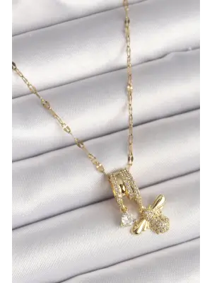 316L Çelik Gold Renk Zincir Sallantı Zirkon Taşlı Arı Figür Damla Detay Kadın Kolye