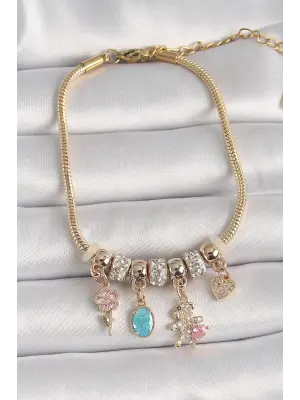 316L Çelik Gold Renk Zincir Sallantı Zirkon Taşlı Ayıcık Figür Çiçek Detay Kadın Bileklik