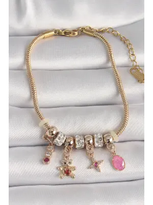 316L Çelik Gold Renk Zincir Sallantı Zirkon Taşlı Ayıcık Figür Yıldız Detay Kadın Bileklik