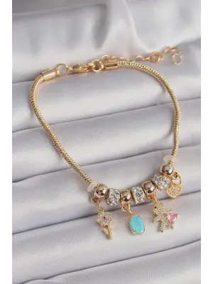 316L Çelik Gold Renk Zincir Sallantı Zirkon Taşlı Ayıcık Model Charm Kadın Bileklik