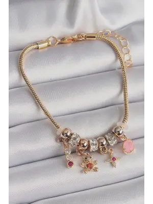 316L Çelik Gold Renk Zincir Sallantı Zirkon Taşlı Ayıcık Model Charm Kadın Bileklik