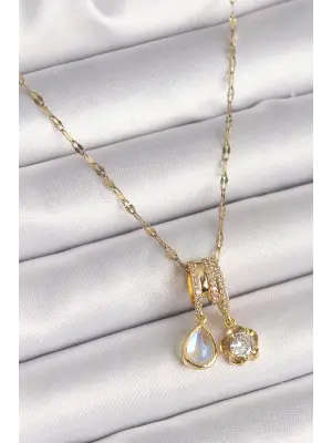 316L Çelik Gold Renk Zincir Sallantı Zirkon Taşlı Çiçek Figür Mavi Sedefli Damla Detay Kadın Kolye