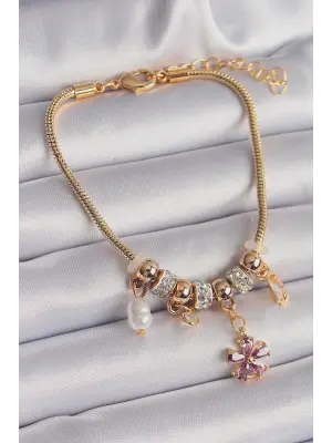 316L Çelik Gold Renk Zincir Sallantı Zirkon Taşlı Çiçek Model Charm Bileklik