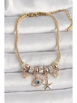 316L Çelik Gold Renk Zincir Sallantı Zirkon Taşlı Göz Figür Yıldız Detay Kadın Bileklik