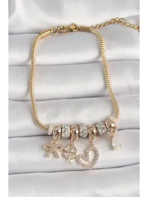 316L Çelik Gold Renk Zincir Sallantı Zirkon Taşlı Kalp Figür Yonca Detay Kadın Bileklik