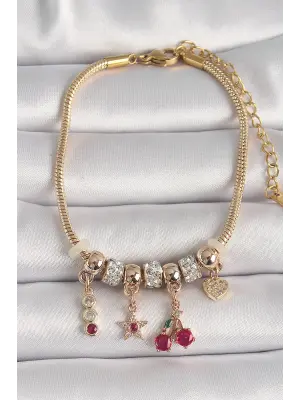 316L Çelik Gold Renk Zincir Sallantı Zirkon Taşlı Kiraz Figür Kalp Detay Kadın Bileklik