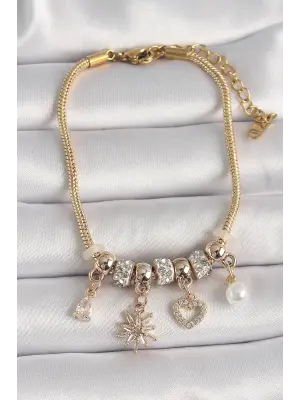 316L Çelik Gold Renk Zincir Sallantı Zirkon Taşlı Kuzey Yıldız Figür Kalp Detay Kadın Bileklik