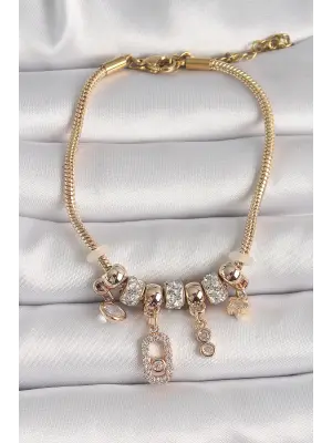 316L Çelik Gold Renk Zincir Sallantı Zirkon Taşlı Messika Figür Yıldız Detay Kadın Bileklik