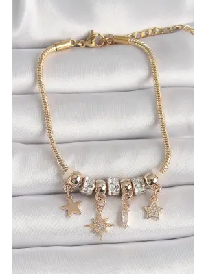 316L Çelik Gold Renk Zincir Sallantı Zirkon Taşlı Yıldız Figür Kadın Bileklik