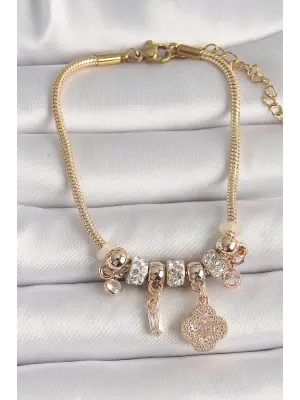 316L Çelik Gold Renk Zincir Sallantı Zirkon Taşlı Yonca Figür Kadın Bileklik