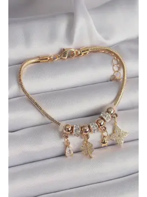316L Çelik Gold Renk Zincir Sallantı Zirkon Taşlı Yonca Figür Yıldız Detay Charm Bileklik