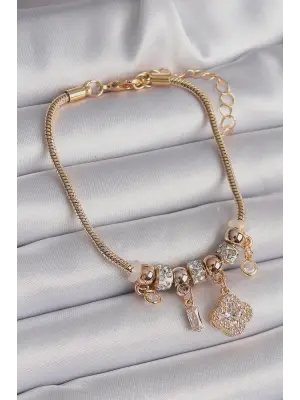 316L Çelik Gold Renk Zincir Sallantı Zirkon Taşlı Yonca Model Charm Kadın Bileklik