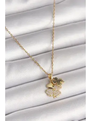 316L Çelik Gold Renk Zincir Sallantı Zirkon Taşlı Yonca Model Kadın Kolye
