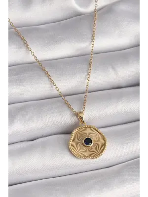  Altın  Zincir Siyah Zirkon Taş Madalyon Model  Çelik Kolye