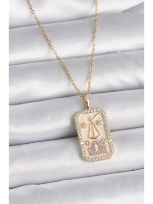  Altın  Zincir Terazi Burcu Zirkon Taşlı  Çelik Kolye