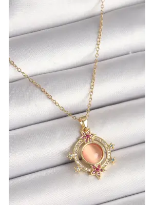  Altın  Zincir Turuncu Sedefli Zirkon Taşlı Yıldız Detay  Çelik Kolye