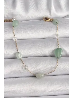 316L Çelik Gold Renk Zincir Yeşil Doğaltaş Model Kadın Bileklik