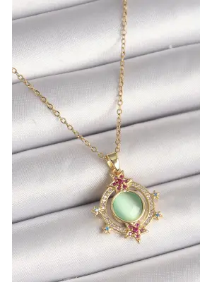  Altın  Zincir Yeşil Sedefli Zirkon Taşlı Yıldız Detay  Çelik Kolye