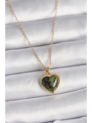  Altın  Zincir Yeşil Yağ Yeşili Kalp Model  Çelik Kolye