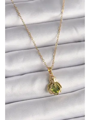  Altın  Zincir Yeşil Zirkon Taşlı Vintage Model  Çelik Kolye